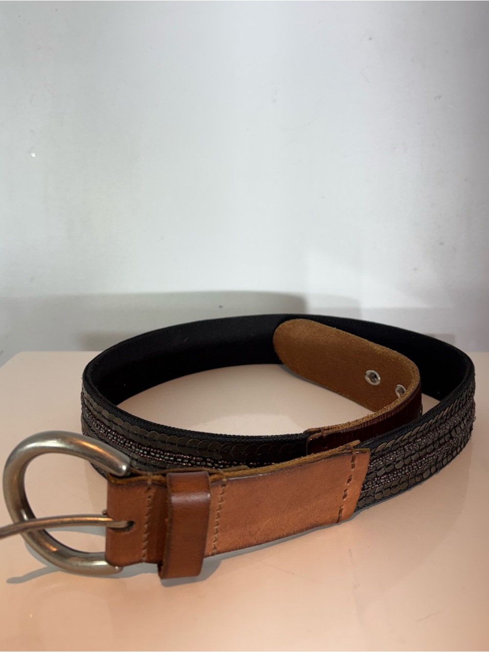 Fossil Leather Beaded & Sequin Belt Brown Boho Western size small